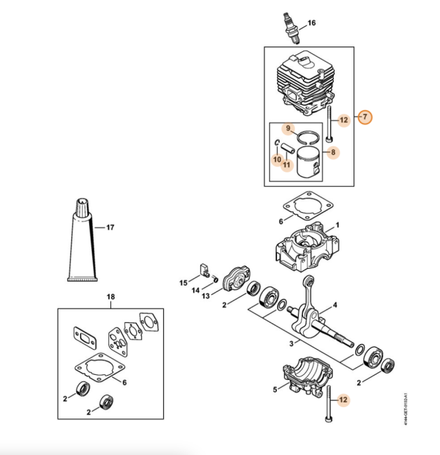 Henger dugattyúval Ø 34 mm STIHL FS 40, FS 50, FS 56 bozótvágókhoz / fűkaszákhoz, 4144 020 1200
