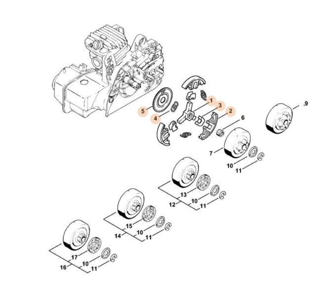Kuplung komplett STIHL MS 170, MS 180, MS 210, MS 231, MS 251 láncfűrészekhez, 1123 160 2050